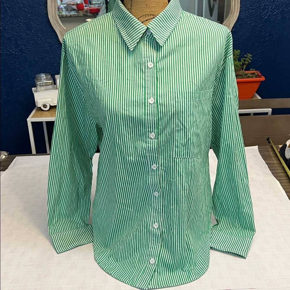 SOLAI THE LABEL GREEN & WHITE STRIPED COTTON CASUAL BUTTON DOWN SMALL